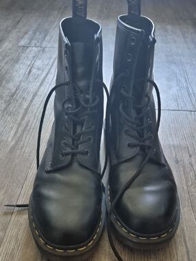 Dr Martens Black Lace-Up Combat Boots with Yellow Stitching